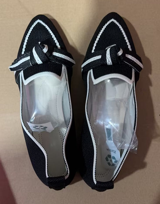 Black Pointed-Toe Knit Bow Flats — Black