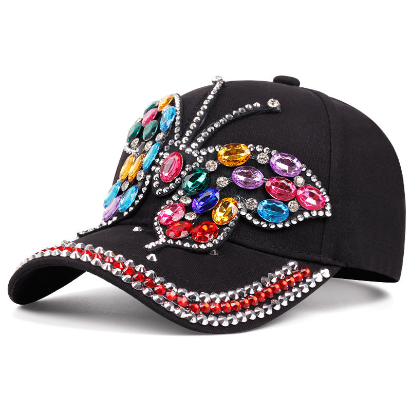Black Multicolour Butterfly Rhinestone Cap — Black