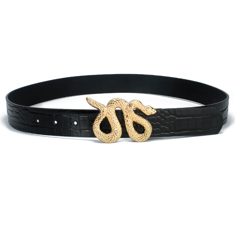 Black Crocodile-Effect Snake Buckle Belt — Belt