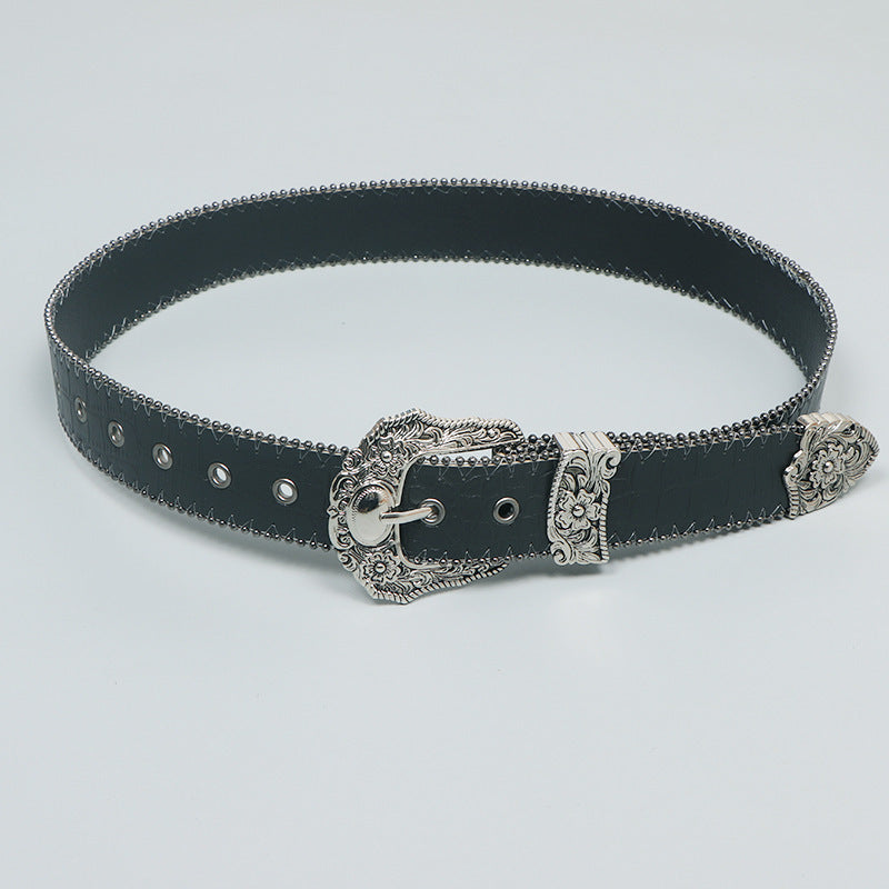 Black Contrast-Stitch Western Belt