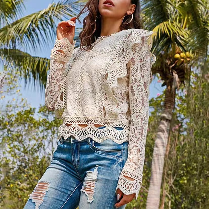 Apricot floral lace long-sleeve top. Supplier product photograph.