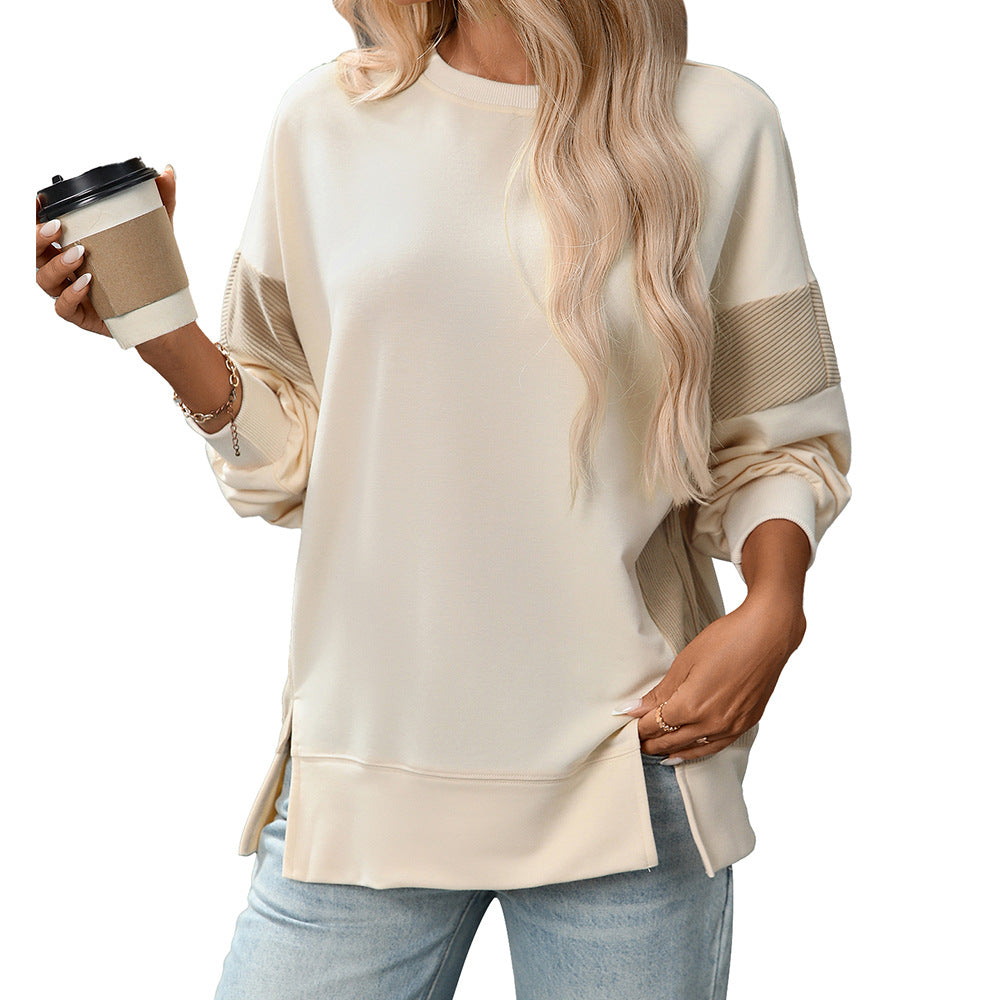 Apricot contrast-sleeve crewneck sweatshirt. Supplier product photograph.