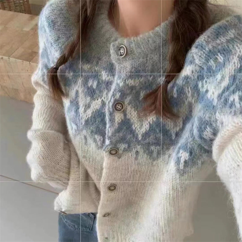 Beige and blue patterned button cardigan. Supplier product photograph.