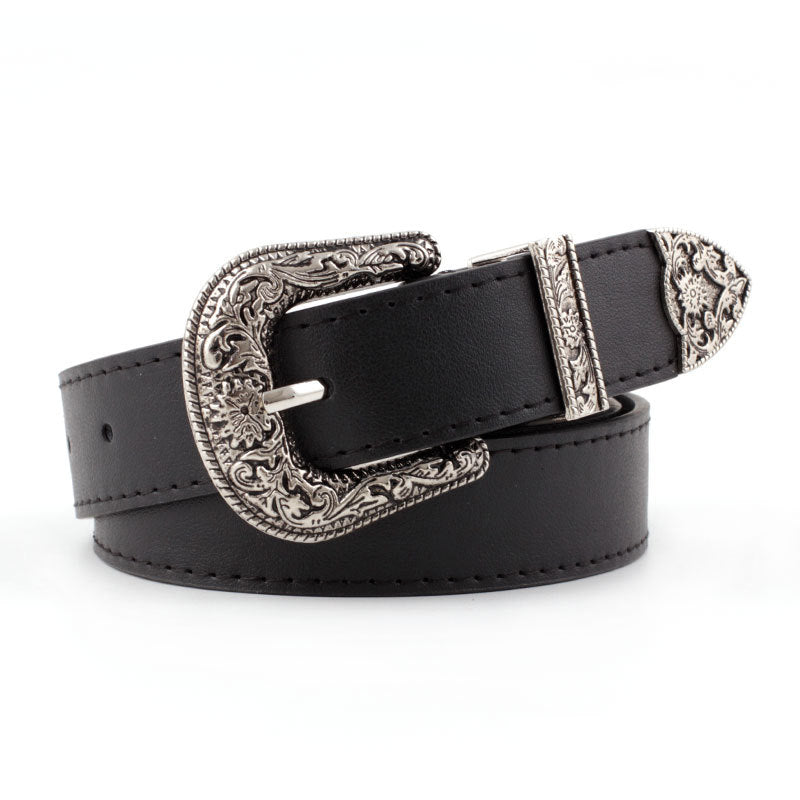 Black Engraved-Buckle Casual Belt