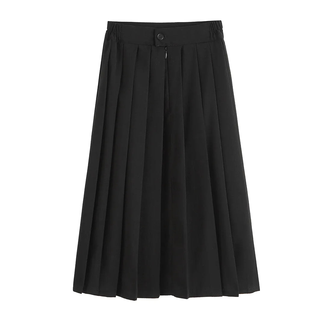 Black A-line pleated midi skirt with an elastic-sided waistband and button-and-zip opening.