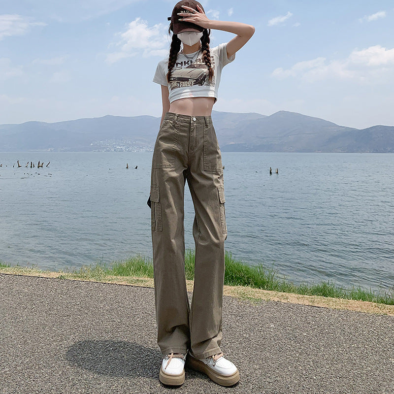 Khaki regular-length straight-leg cargo trousers, supplier selected-option photograph.