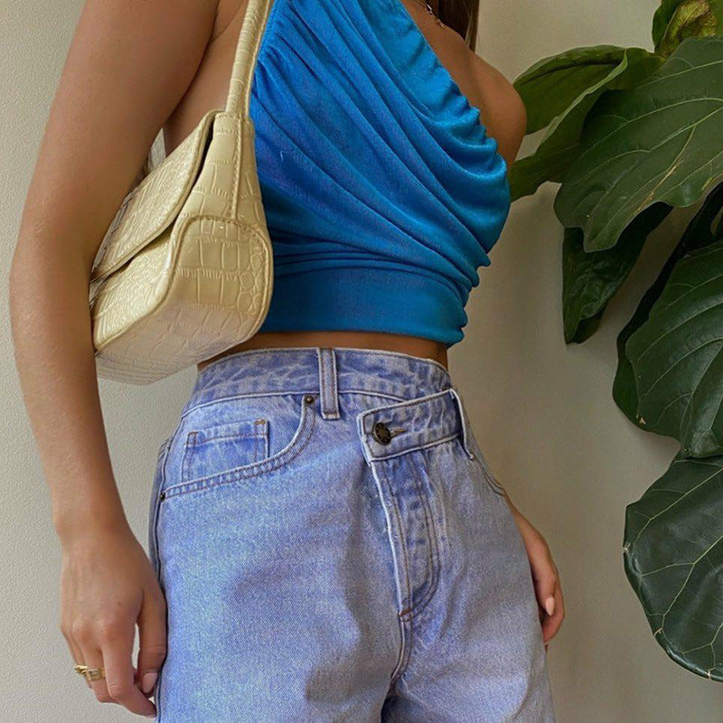 Blue One-Shoulder Ruched Crop Top