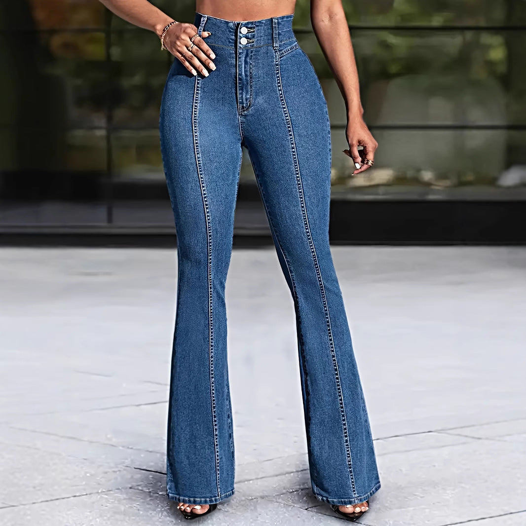 Blue flared jeans with light vertical seam detailing and a multi-button waistband.