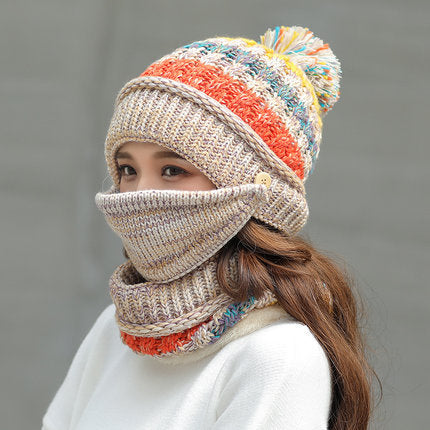 Striped Pom-Pom Knitted Winter Hat – Beige