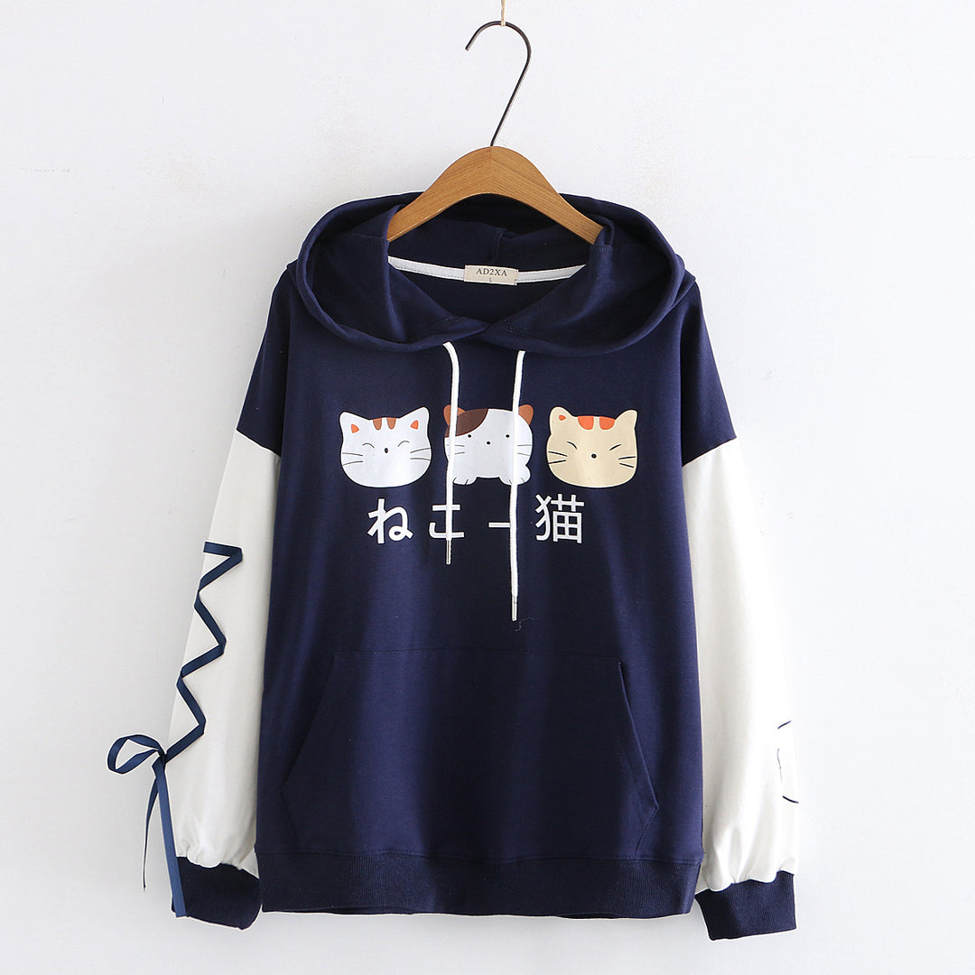 Navy Cat-Print Color-Block Hoodie