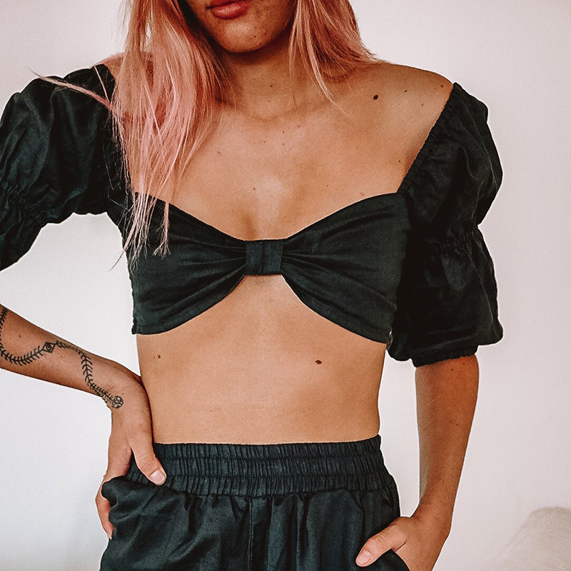 Black Bow-Front Puff-Sleeve Crop Top