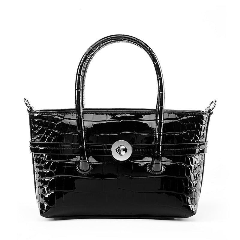 Black Croc-Texture Structured Handbag — Black