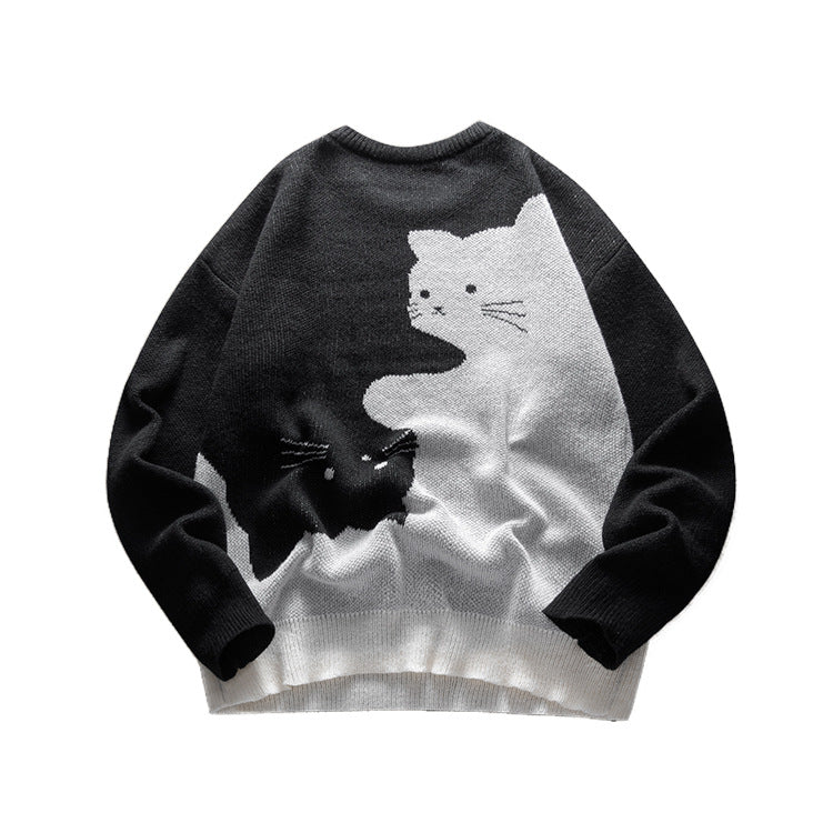 Black and White Cat-Jacquard Sweater