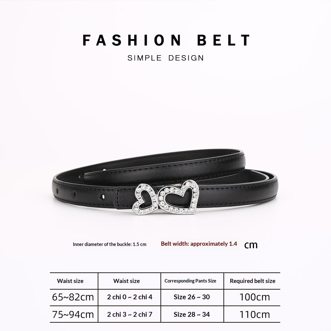 Rhinestone Heart-Buckle Slim Belt – Black / 100 cm