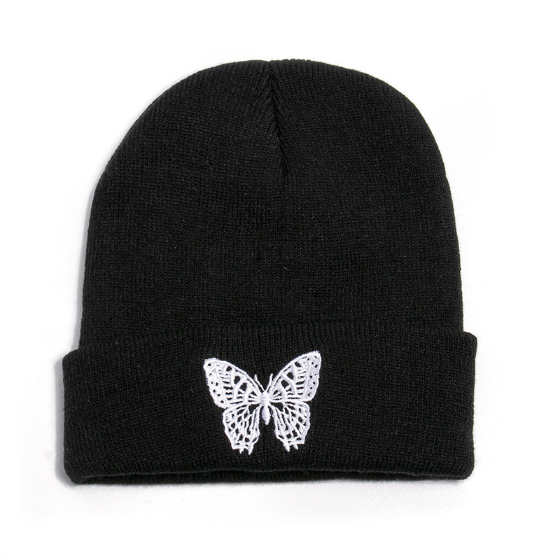 Butterfly Motif Cuffed Beanie – Black / 56–58 cm