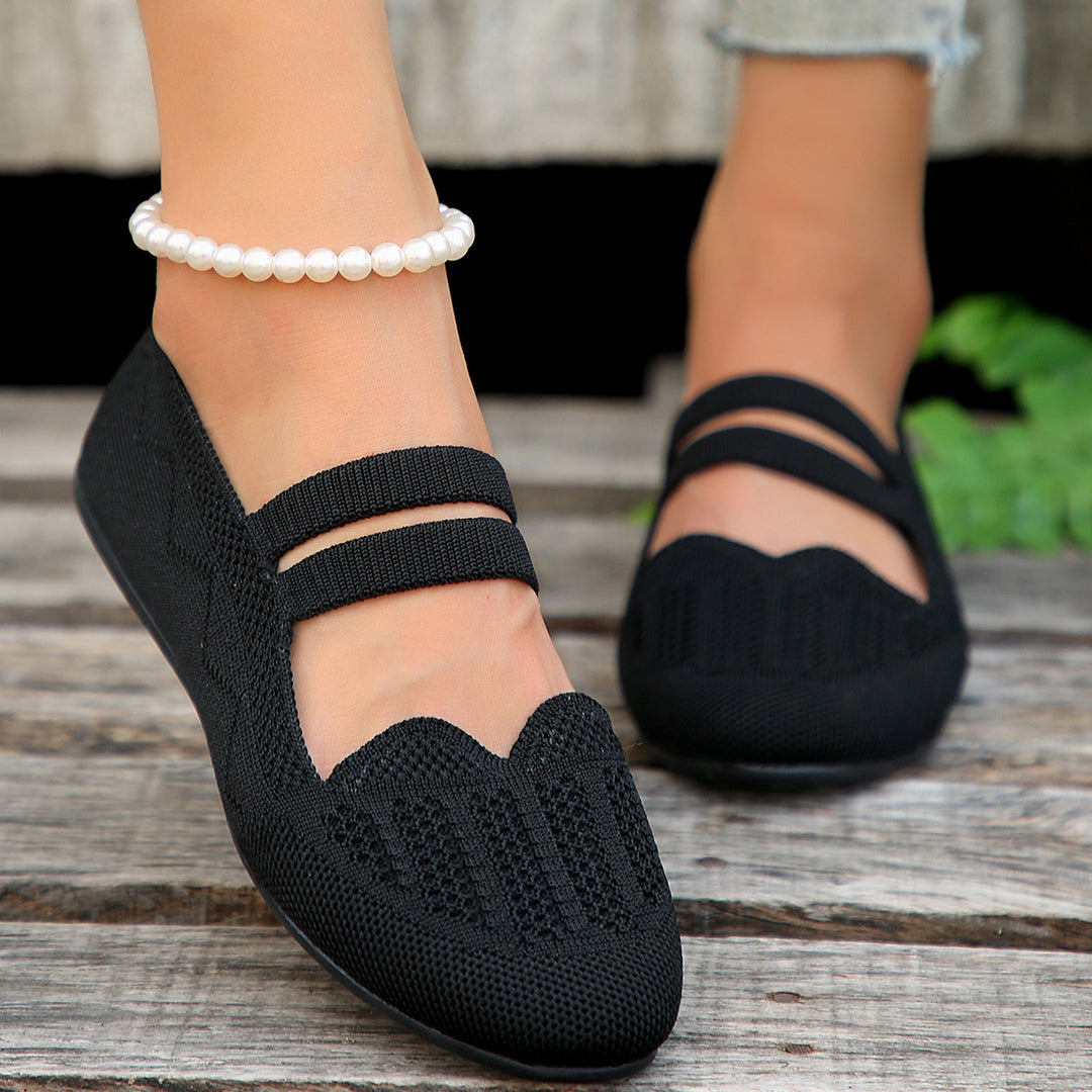 Black Textured Mesh Flats with Double Straps — Black