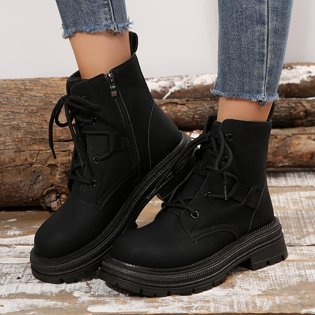 Black Lace-Up Ankle Boots with Side Zip — Black